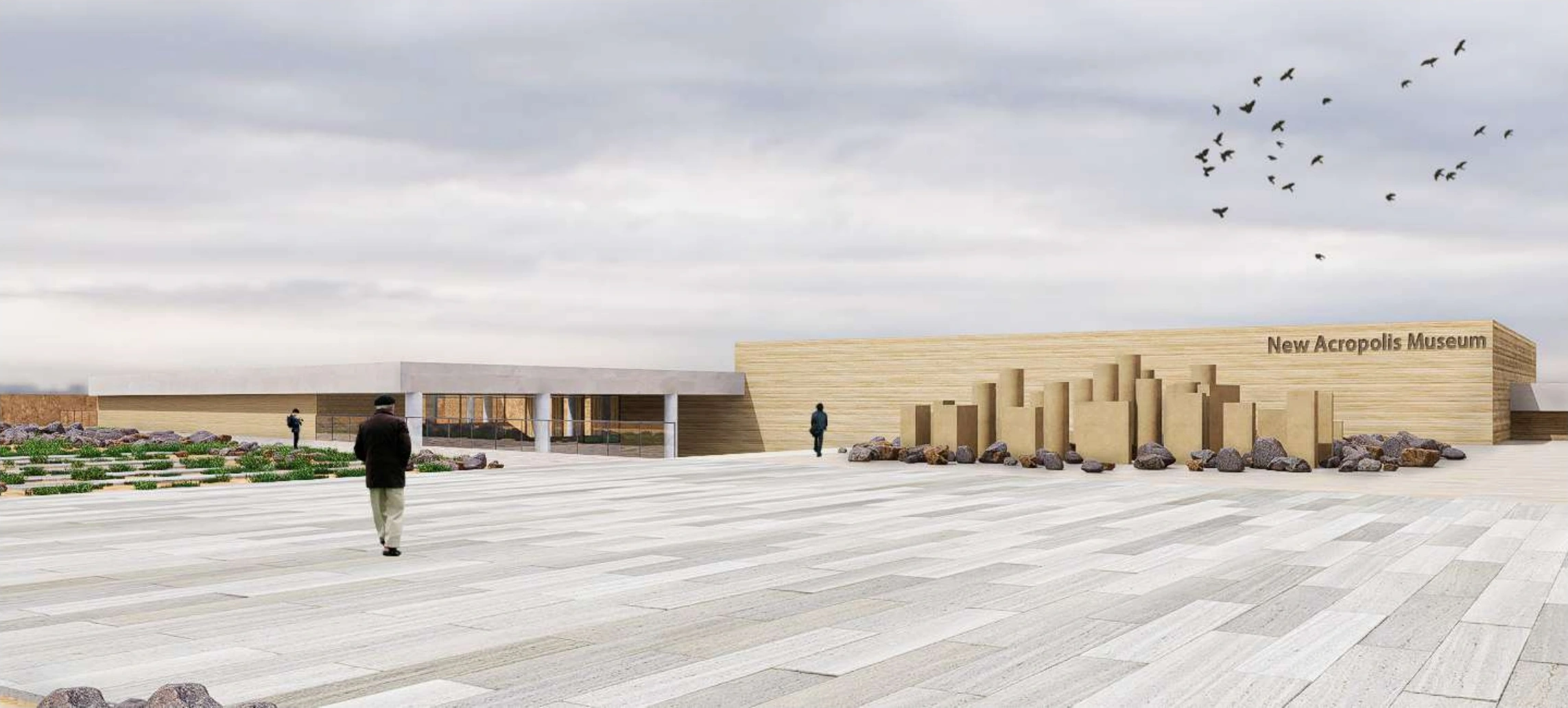 Exterior visualisation of a museum proposal in the landscape of the Acropolis of Athens