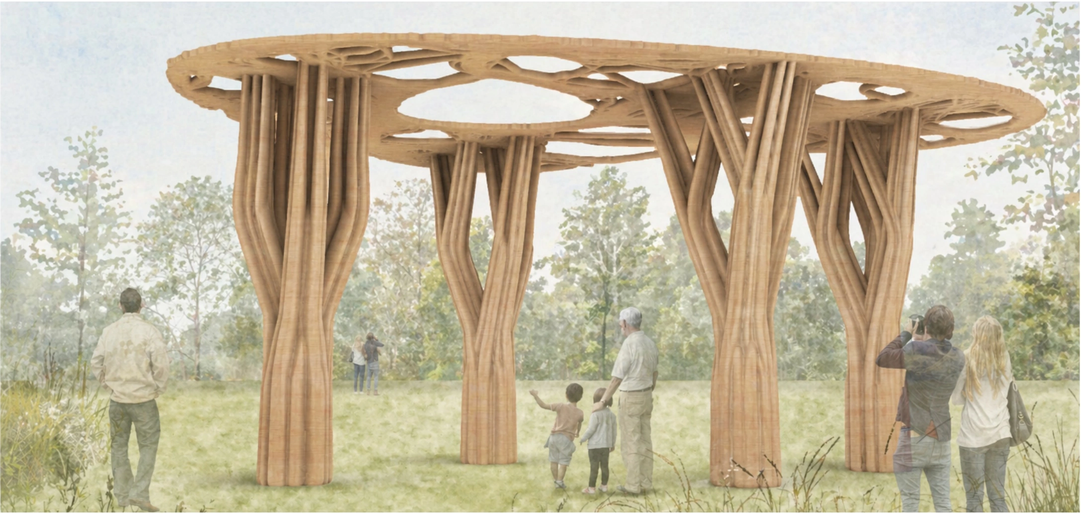 Visualisation of a pavilion with branching columns and a porous canopy