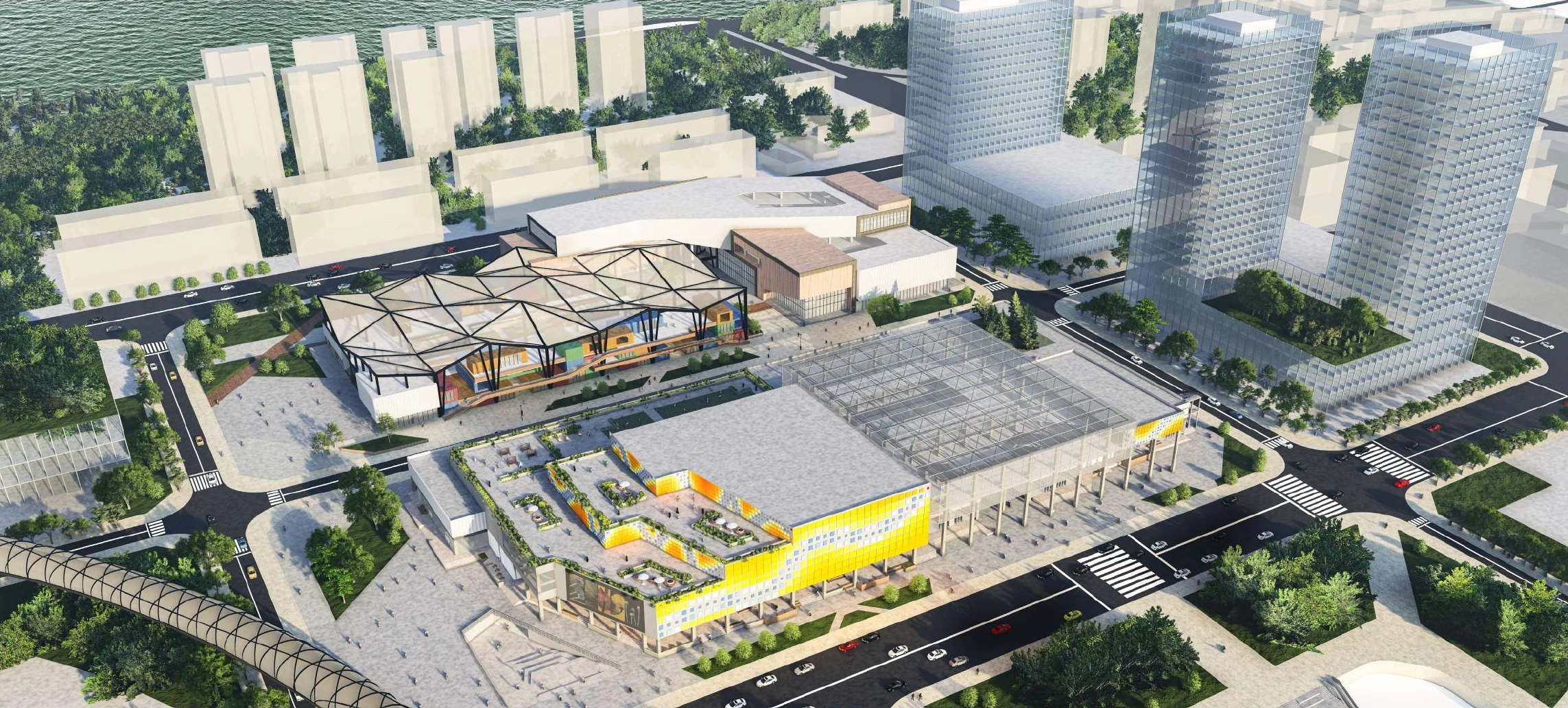 Aerial visualisation of a renewed commercial district with connected public spaces in Dalian