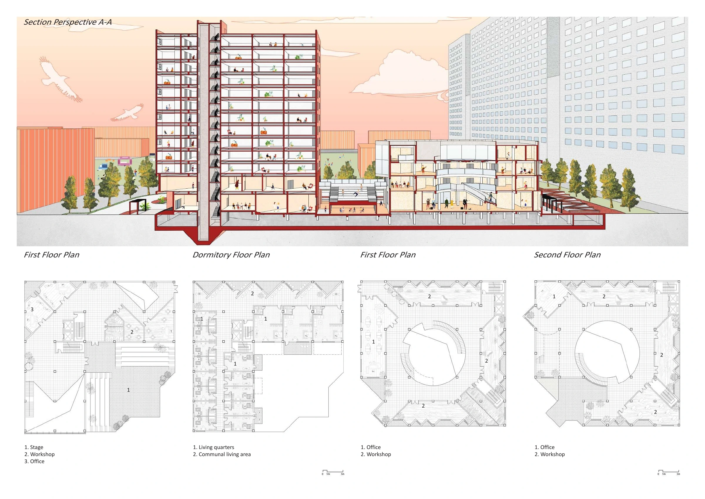 Section A–A and residential floor plans