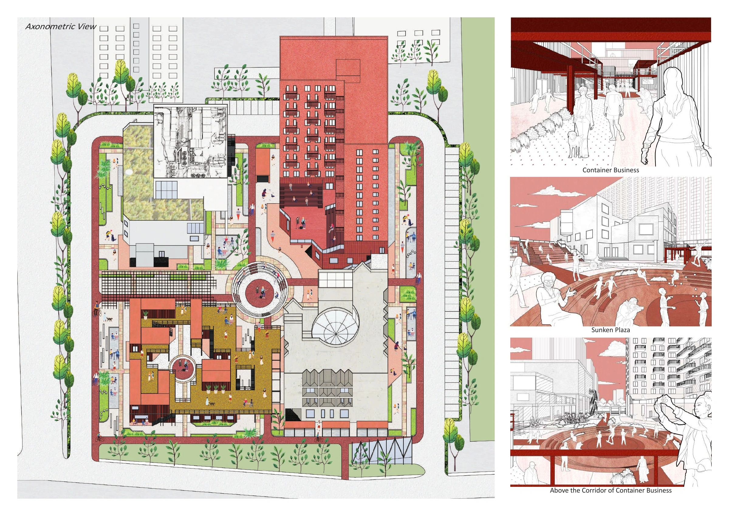 Axonometric view and public-space perspectives