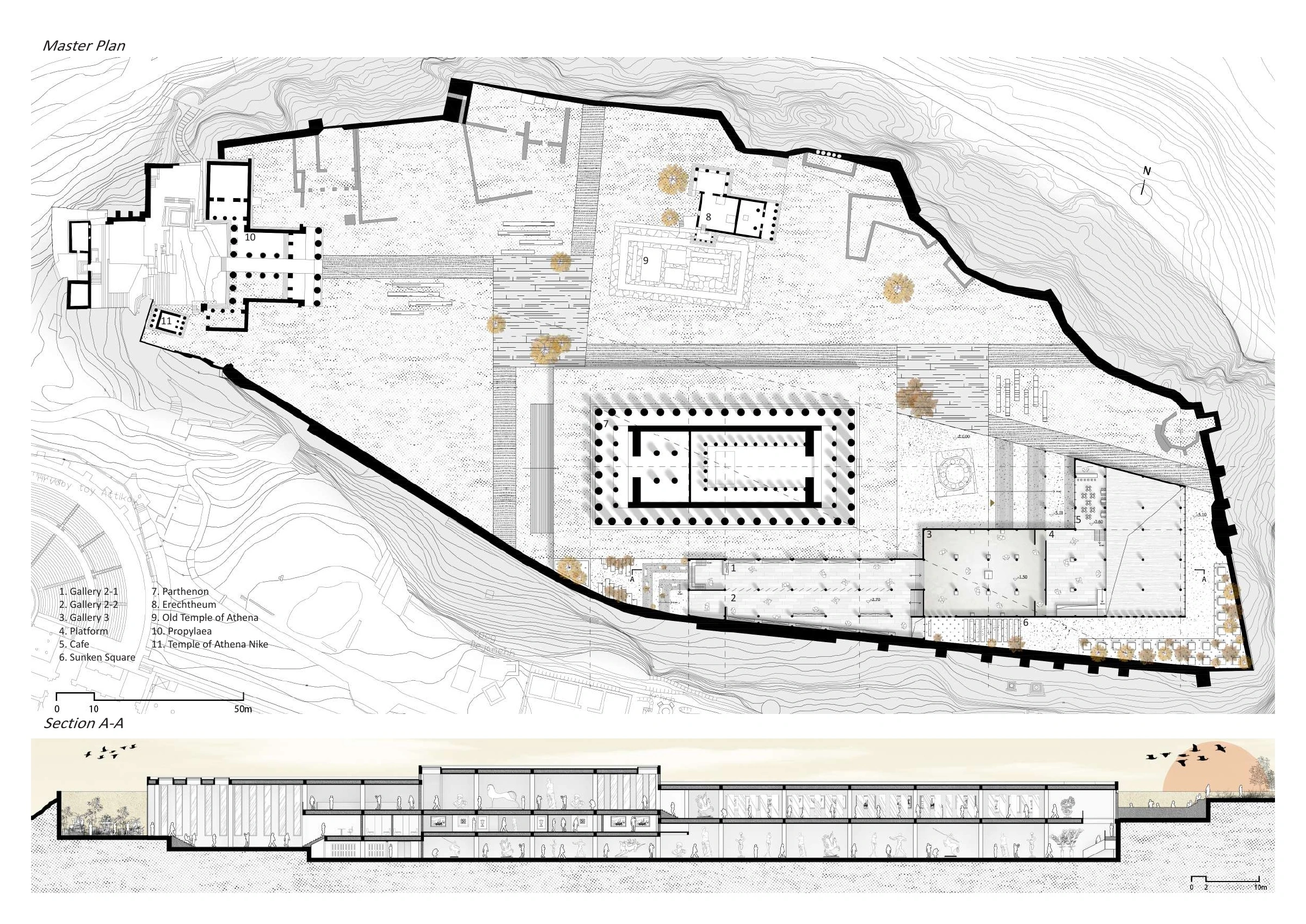 Master plan and section A–A