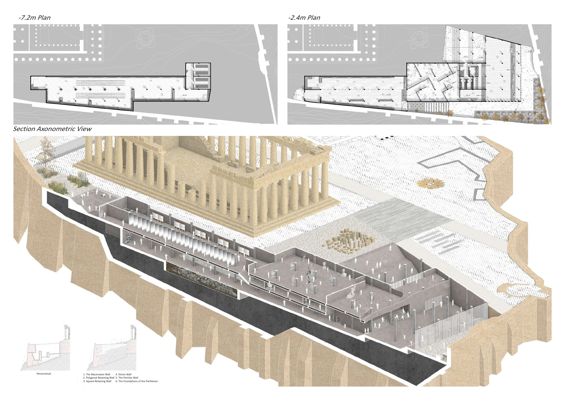 Archaeological layers, lower-level plans and sectional axonometric