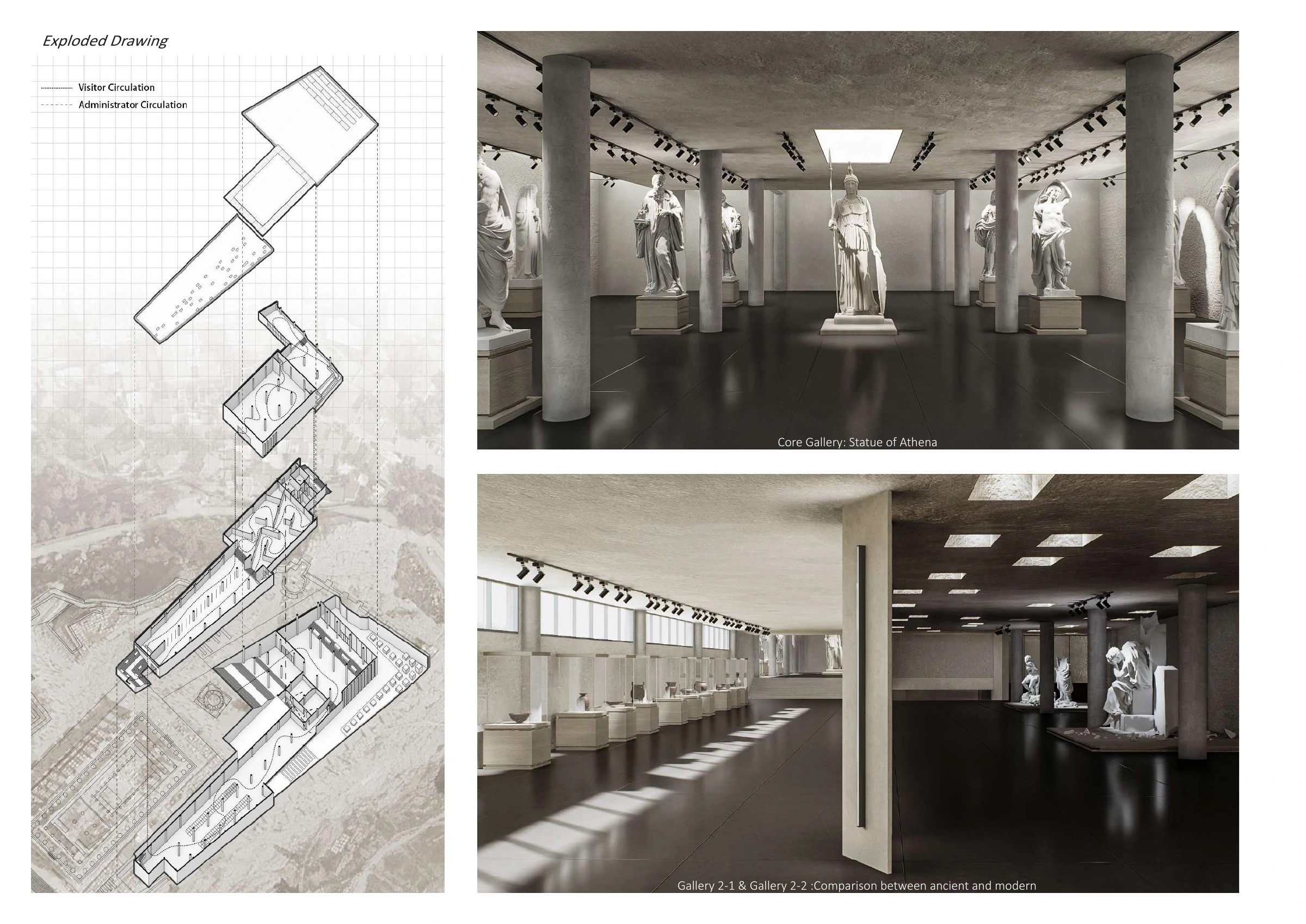 Exploded gallery organisation and interior perspectives
