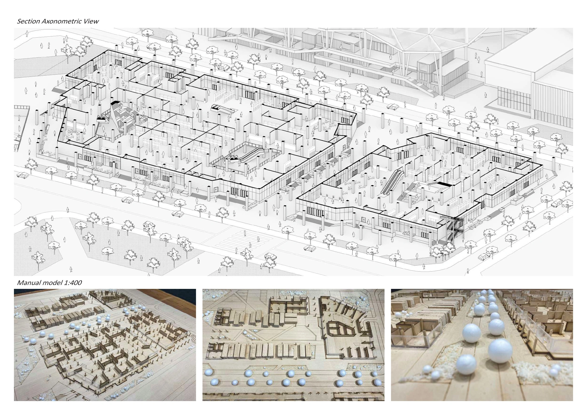 Sectional axonometric and 1:400 physical model