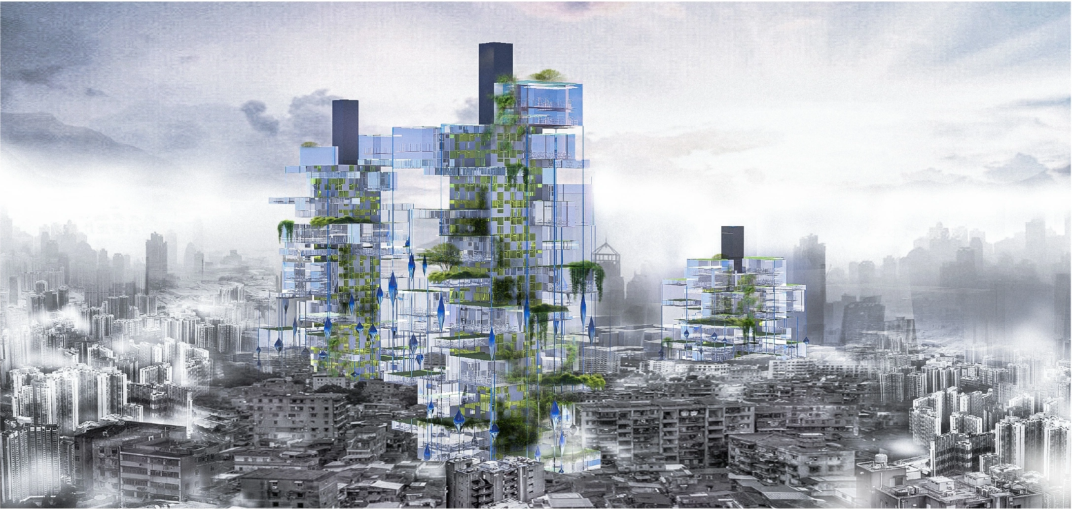 Architectural visualisation of high-rise housing with integrated vertical planting in Guangzhou