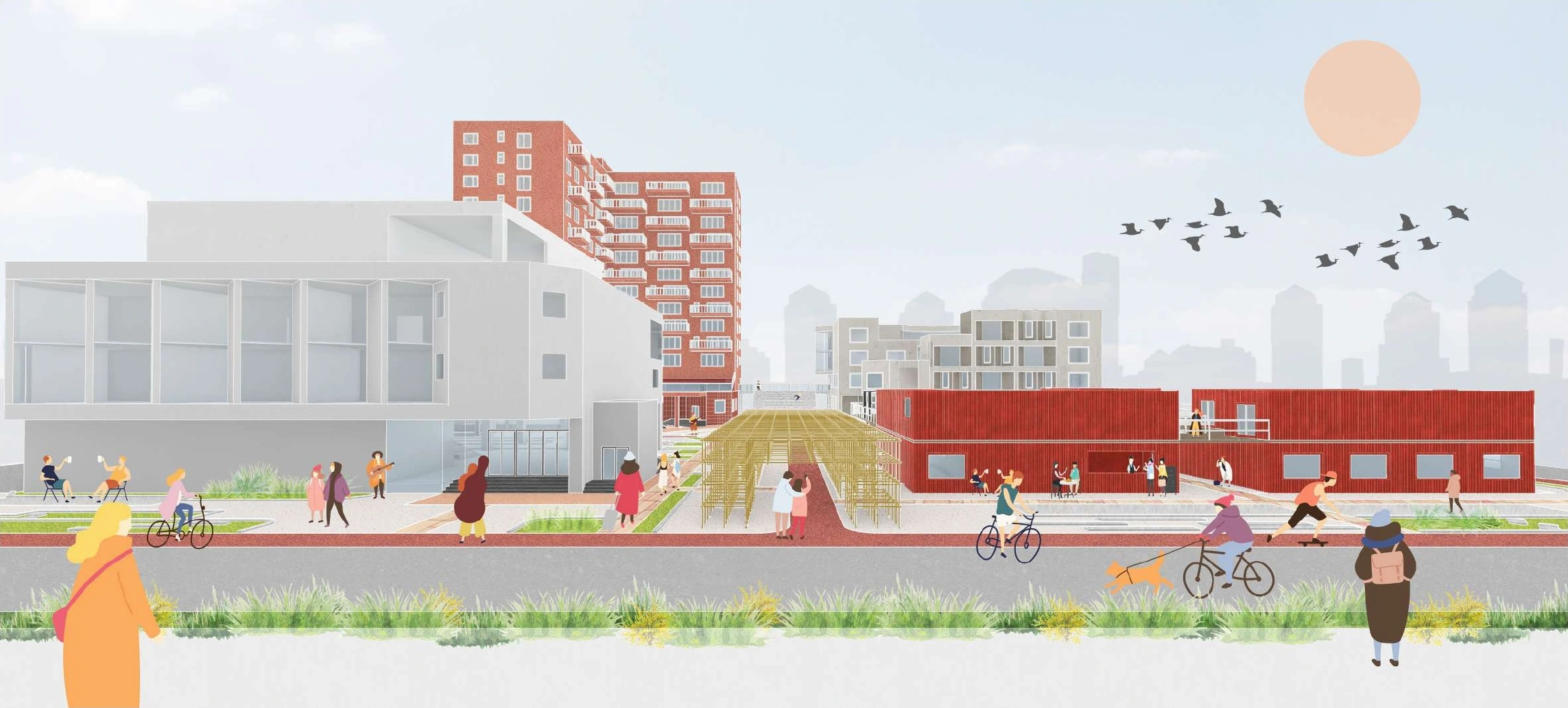 Street-level visualisation of a music community with red modular buildings and public space