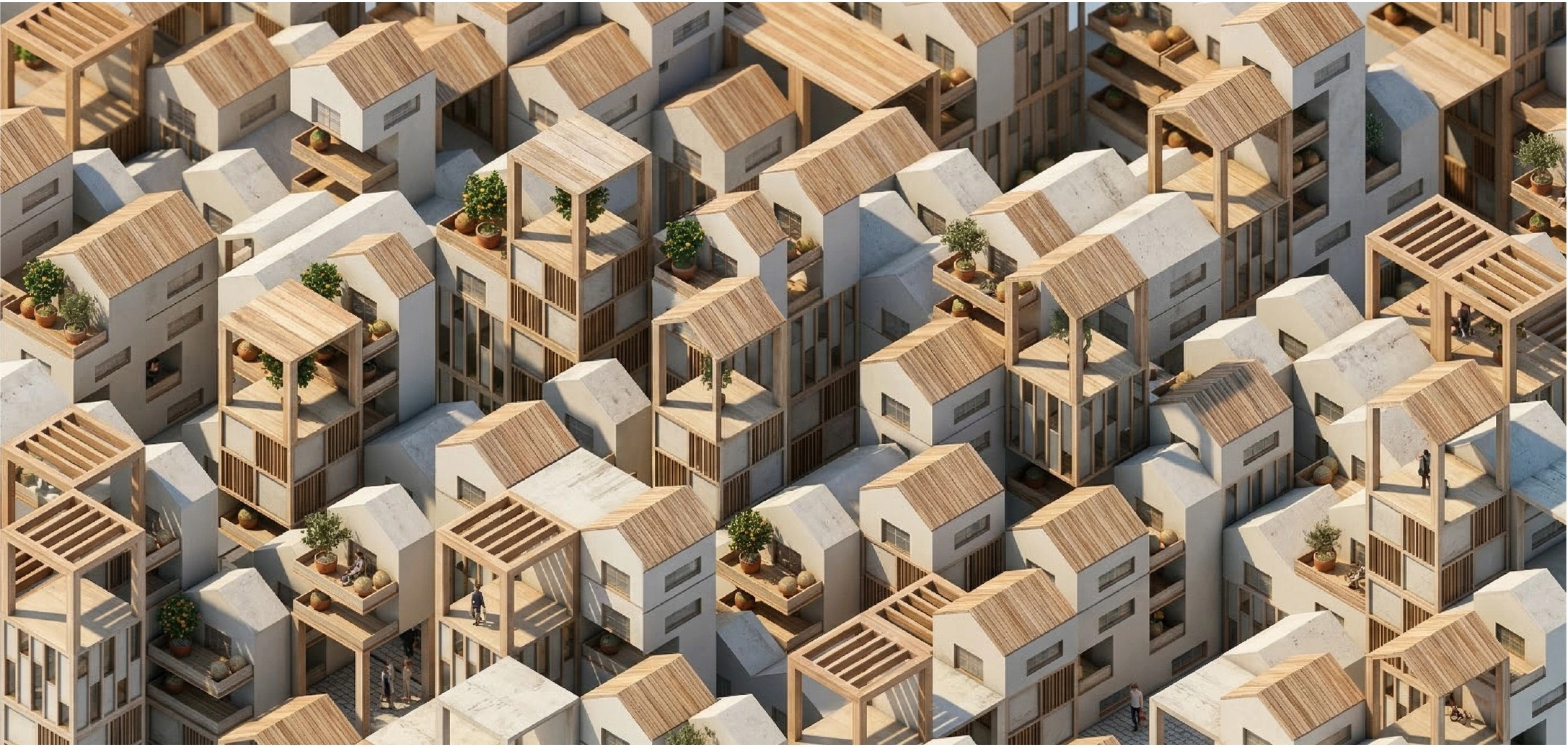 Axonometric view of a varied urban configuration generated by a hybrid procedural system